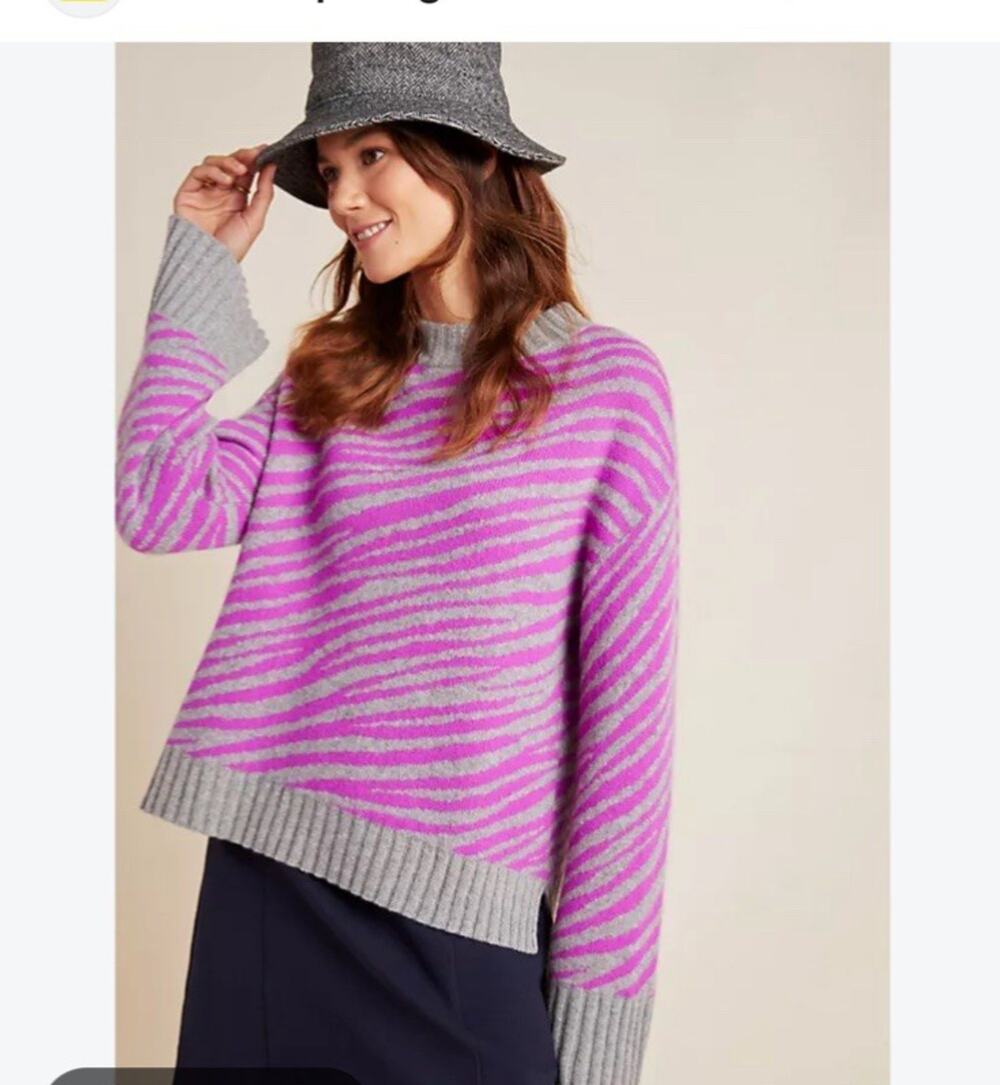 White + Warren 100% Cashmere XS Pullover Bell Sleeve Zebra Print Purple Gray